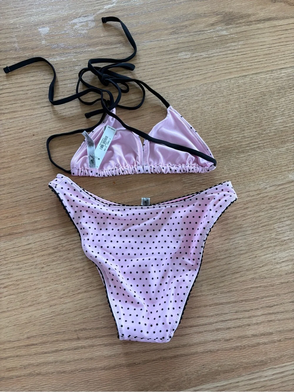 Pink Polka Dot Bikini Set with Black Trim - Picture 3 of 3